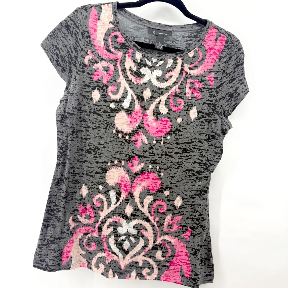 INC International Concepts Knit Top Womens XL Grey Pink Damask Burn Out Y2K